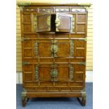 ORIENTAL WALNUT AND BRASS STANDING CABINET, possibly early 20th century having 4 small narrow top