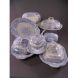 4 STAFFS BLUE AND WHITE lidded tureens, 2 with base dishes and 2 spare lids similar patterns