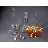 PARCEL OF MIXED GLASSWARE incl fluted carnival dish and 3 decanters.