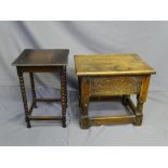 RUSTIC STOOL WITH HINGED TOP and sunburst carved pattern and a square topped occasional table on