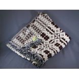 WELSH BLANKET traditional pattern, brown and white and with black and white tassles and Bryncir