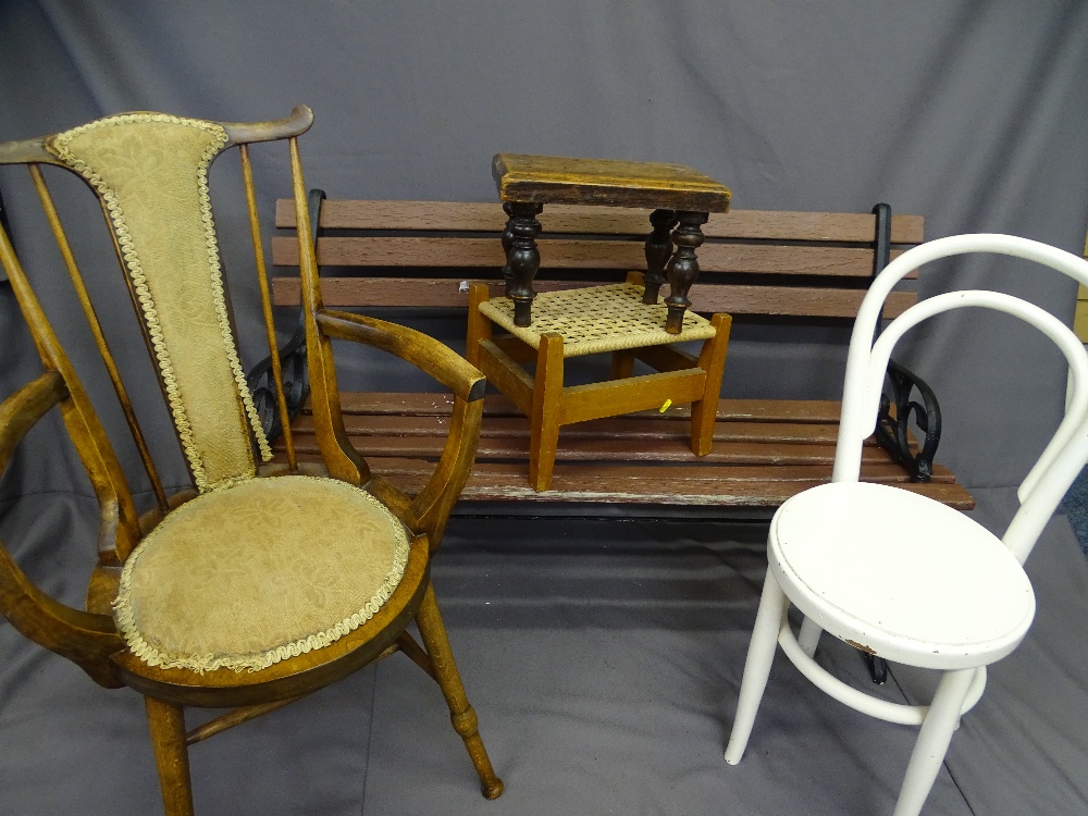 A PARCEL-A WOOD AND METAL GARDEN SEAT, 2 footstools and 2 occasional chairs