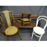 A PARCEL-A WOOD AND METAL GARDEN SEAT, 2 footstools and 2 occasional chairs