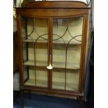EDWARDIAN CHINA CABINET-mahogany and inlaid, 2-door with neat shaped panes, on square tapered