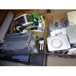 BOX OF MIXED CHINA, a box of radios/hi-fi items and a Yamaha keyboard etc