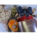 A PAIR OF SMALL WIG POWDER BELLOWS, fire bellows , a Victorian ornate brass and leather belt and a