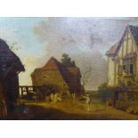 19TH CENTURY CONTINENTAL SCHOOL, oil on canvas-busy farmyard scene with numerous figures, 64x86cms