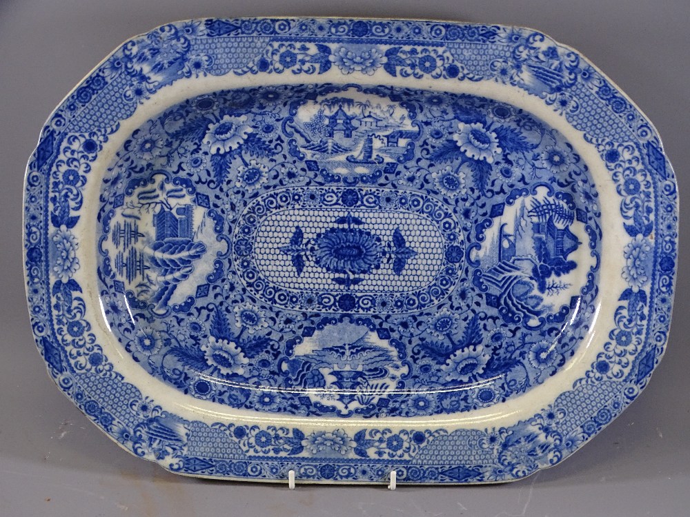 BLUE AND WHITE HERCULANEUM TURKEY PLATTER-floral bordered with oriental car touches etc.,48x35 cms.