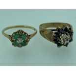 9 CARAT GOLD DRESS RINGS (2) One with sapphires and diamonds the other emeralds and diamonds 5.2g