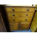 A NEAT ANTIQUE OAK CHEST of 3 long top drawers with 2 base cupboards, 76 cms wide,