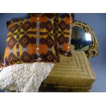 HOME FURNISHINGS-Welsh tapestry cushions, a crocheted bedspread, woven basket and a gilt frame