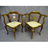 A PAIR OF NEAT MAHOGANY CORNER CHAIRS with triple reeded splat backs
