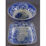 BLUE AND WHITE SQUARE BOWL 'BYLAND ABBEY YORKSHIRE 21cm square and a circular bowl-floral border