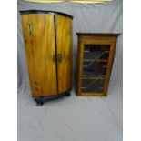 2 HANGING CORNER CUPBOARDS-1, bow fronted 2-door mahogany with brass 'h' hinges and 2,- a single