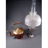 GEORGIAN COPPER KETTLE with acorn knob and a chrome based oil lamp with patterned semi opaque shade