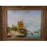 C LIECKART OIL ON BOARD-Dutch(?) canal scene with figures on a frozen canal and nearby church and