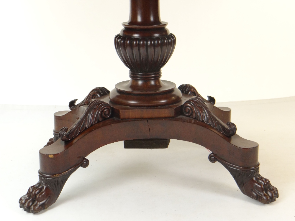 WILLIAM IV FLAME MAHOGANY BREAKFAST TABLE, rectangular tilt action top, on elaborate carved column - Image 2 of 7