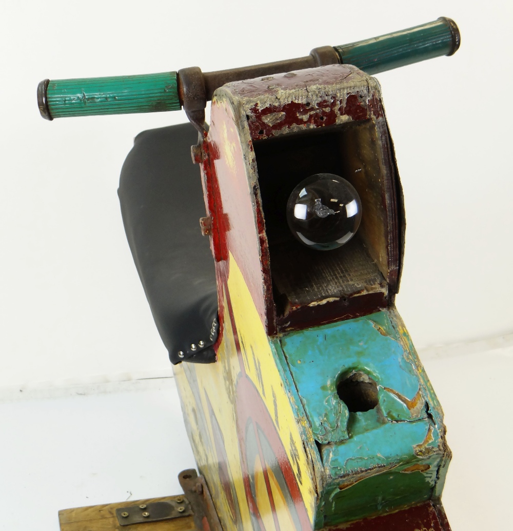 PAINTED WOODEN & METAL FAIRGROUND CAROUSEL MOTORCYCLE 'SUPER', standing on three feet, complete with - Image 7 of 13