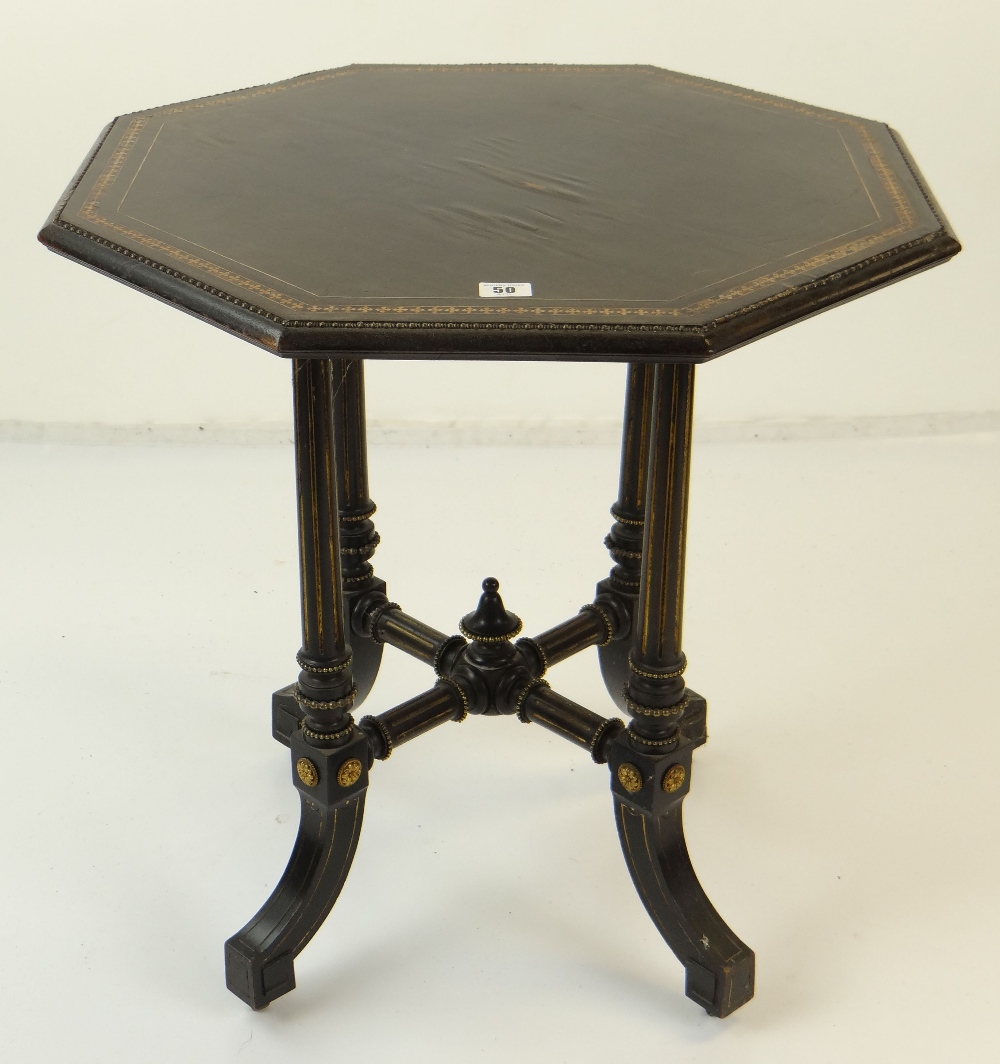 VICTORIAN EBONIZED, PARCEL GILT & GILT METAL MOUNTED HEXAGONAL OCCASIONAL TABLE, parquetry border,