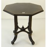 VICTORIAN EBONIZED, PARCEL GILT & GILT METAL MOUNTED HEXAGONAL OCCASIONAL TABLE, parquetry border,