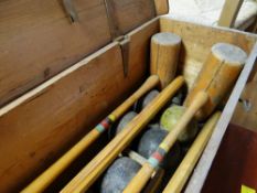 VINTAGE AG SPALDING & BROTHERS BRITISH MADE CROQUET SET IN A PINE CASE, comprises four mallets and