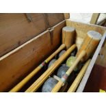 VINTAGE AG SPALDING & BROTHERS BRITISH MADE CROQUET SET IN A PINE CASE, comprises four mallets and