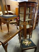 VINTAGE DRAW LEAF DINING TABLE ON CABRIOLE SUPPORTS & TWO CHAIRS, together with a bow front mahogany