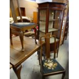 VINTAGE DRAW LEAF DINING TABLE ON CABRIOLE SUPPORTS & TWO CHAIRS, together with a bow front mahogany