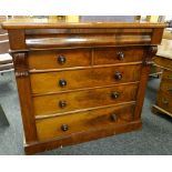 VICTORIAN MAHOGANY CHEST of three long and two short drawers, cushion moulded frieze drawer,