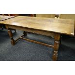 17TH CENTURY-STYLE OAK & ELM REFECTORY TABLE, with turned legs, tied by moulded bar H stretcher, 174