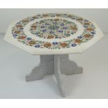 INDIAN PIETRA DURA INLAID WHITE MARBLE CENTRE TABLE of octagonal moulded form, profusely inlaid with