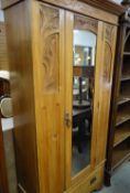 VINTAGE CARVED LIGHTWOOD MIRRORED DOOR WARDROBE WITH BASE DRAWER