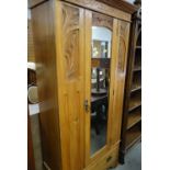 VINTAGE CARVED LIGHTWOOD MIRRORED DOOR WARDROBE WITH BASE DRAWER