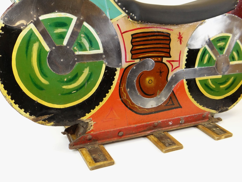 PAINTED WOODEN & METAL FAIRGROUND CAROUSEL MOTORCYCLE 'SUPER', standing on three feet, complete with - Image 2 of 13