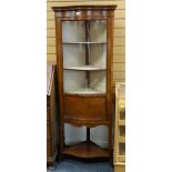 ANTIQUE INLAID MAHOGANY SERPENTINE FRONT STANDING CORNER CABINET with lower base shelf, 174cms