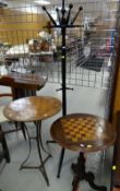 ANTIQUE MAHOGANY CIRCULAR GAMES TABLE, a circular top games table with metal tripod stand and a