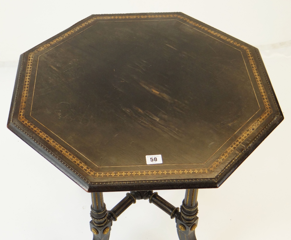 VICTORIAN EBONIZED, PARCEL GILT & GILT METAL MOUNTED HEXAGONAL OCCASIONAL TABLE, parquetry border, - Image 3 of 4