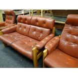 EKORNES NORWEGIAN TEAK FRAMED RECLINING RED LEATHER SOFA SUITE one two-seater and two single (3)
