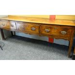18TH CENTURY ELM OAK DRESSER BASE, three deep frieze drawers and carved apron, square section