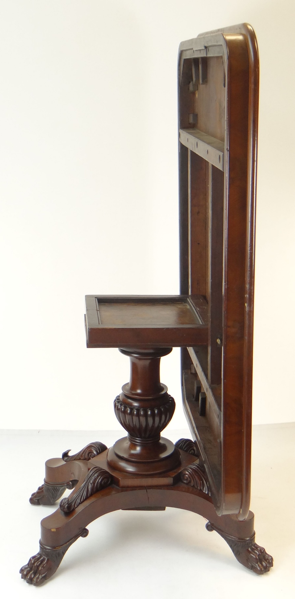 WILLIAM IV FLAME MAHOGANY BREAKFAST TABLE, rectangular tilt action top, on elaborate carved column - Image 5 of 7