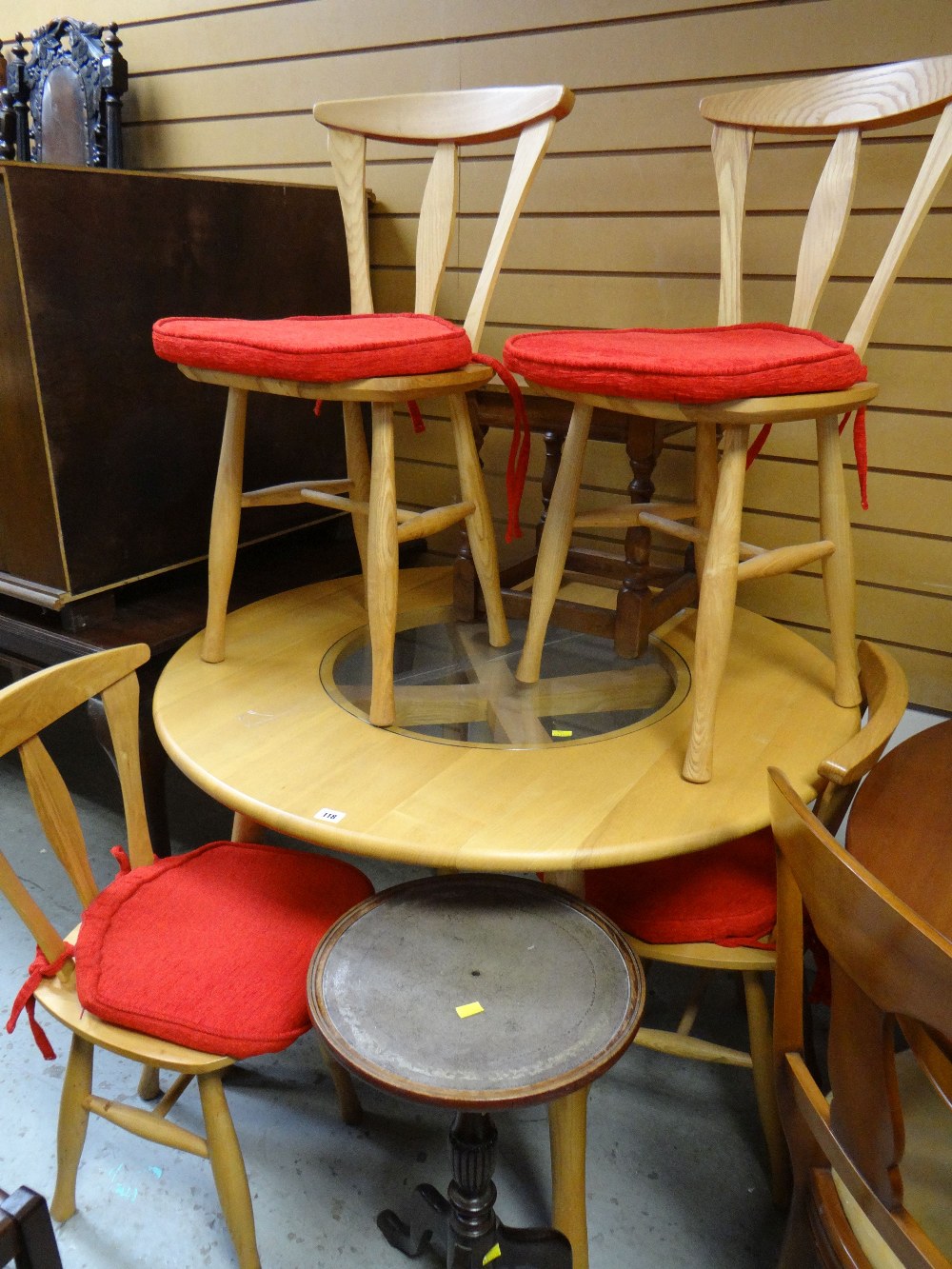 ASSORTED FURNITURE including circular oak kitchen table, four chairs, wine table ETC (7)