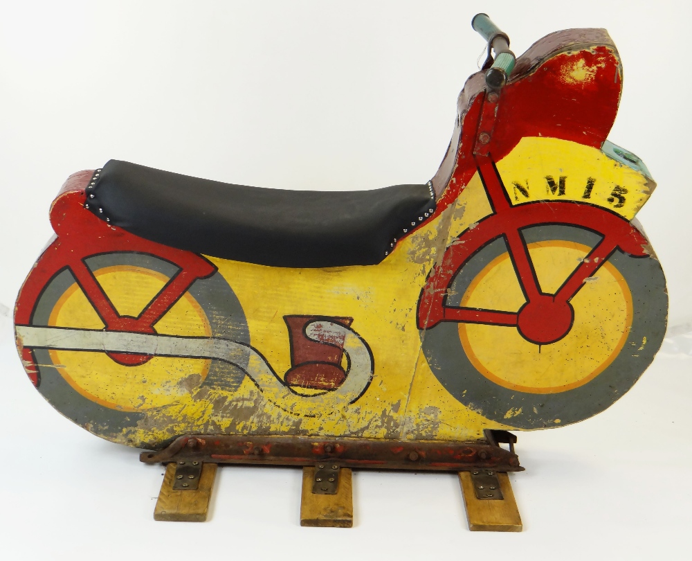 PAINTED WOODEN & METAL FAIRGROUND CAROUSEL MOTORCYCLE 'SUPER', standing on three feet, complete with - Image 8 of 13