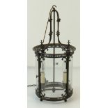 VINTAGE CYLINDRICAL GLASS PANED METAL PORCH LANTERN WITH FITTINGS, 33cms diam., 71cms high Condition