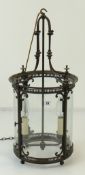 VINTAGE CYLINDRICAL GLASS PANED METAL PORCH LANTERN WITH FITTINGS, 33cms diam., 71cms high Condition