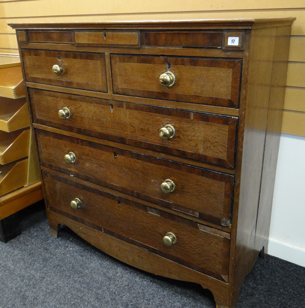 19TH CENTURY OAK & MAHOGANY CROSS-BANDED CHEST with ebony stringing fitted two short, three long