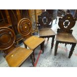 TWO PAIRS OF ANTIQUE HALL CHAIRS (4)