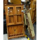VINTAGE PINE RUSTIC KITCHEN CABINET WITH PLATE RACK, together with a vintage canvas golf bag and