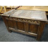 18TH CENTURY OAK COFFER with lunette carved frieze and moulded uprights, 119cms wide