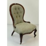 LATE VICTORIAN MAHOGANY SPOON-BACK LADIES CHAIR in floral pastel blue upholstery, white ceramic