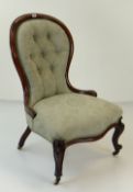 LATE VICTORIAN MAHOGANY SPOON-BACK LADIES CHAIR in floral pastel blue upholstery, white ceramic